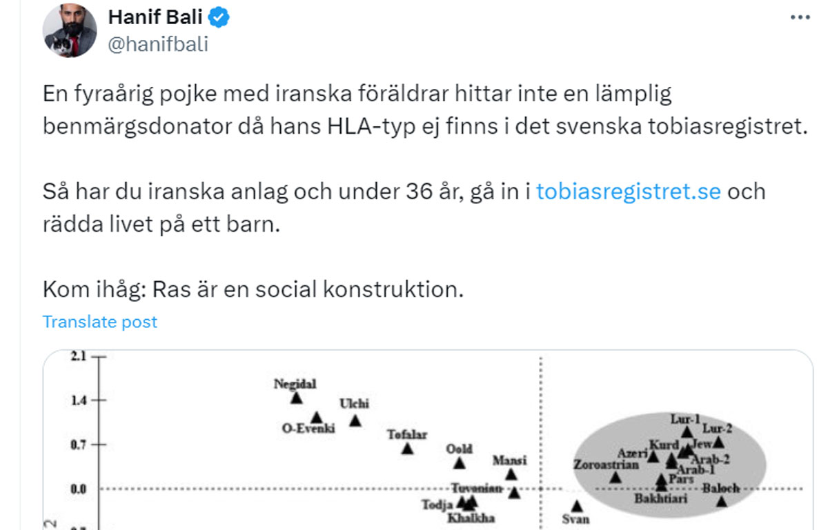 حنیف بالی از ایرانیان مقیم سوئد خواست تا برای نجات جان یک کودک چهار ساله با اهدای مغز استخوان داوطلب شوند. ثبت توبیاس میزبان این فراخوان است